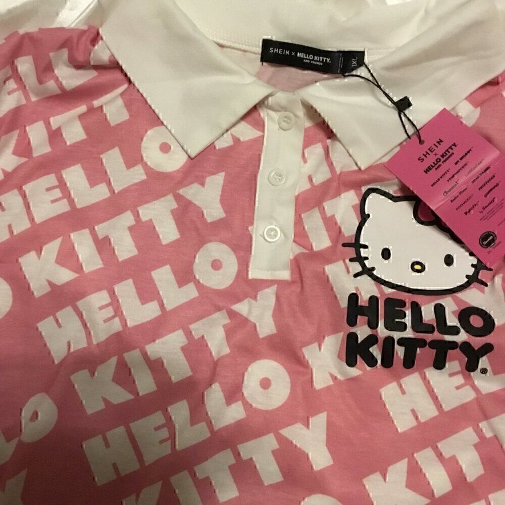 Hello Kitty Pink White Button Up Cropped Polo Short Sleeve Monogram Shirt 1XL - Picture 3 of 4